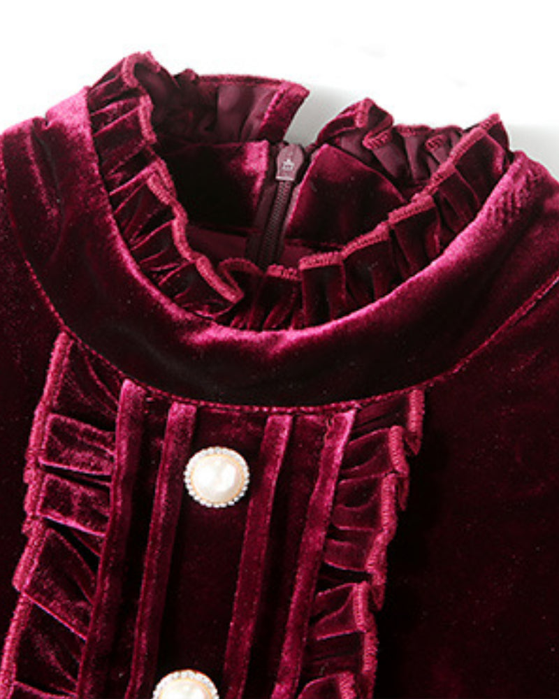 Red Velvet Pearl Button Single-breasted Midi Dresses