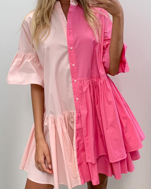 Splicing Shirred Frill Ruffles Sleeve Shirts Mini Dresses