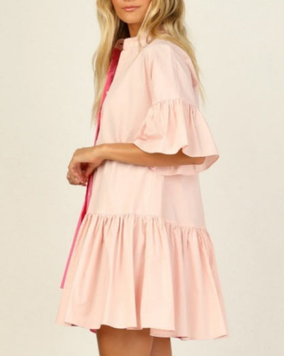 Splicing Shirred Frill Ruffles Sleeve Shirts Mini Dresses