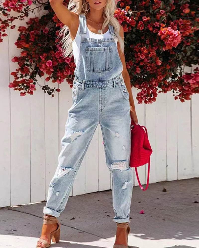Backless Denim Pockets Strap Overalls Jumpsuits