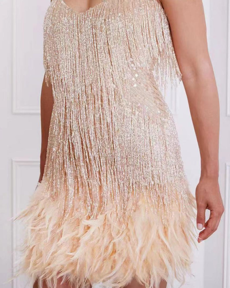 Backless Tassel Feather Sequins Party Mini Dresses