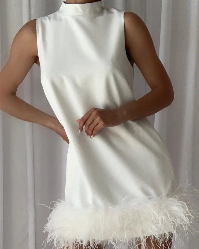 High Collar Tassel Feather Party Mini Dresses