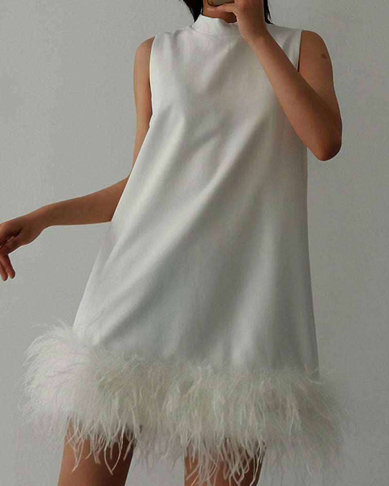 High Collar Tassel Feather Party Mini Dresses