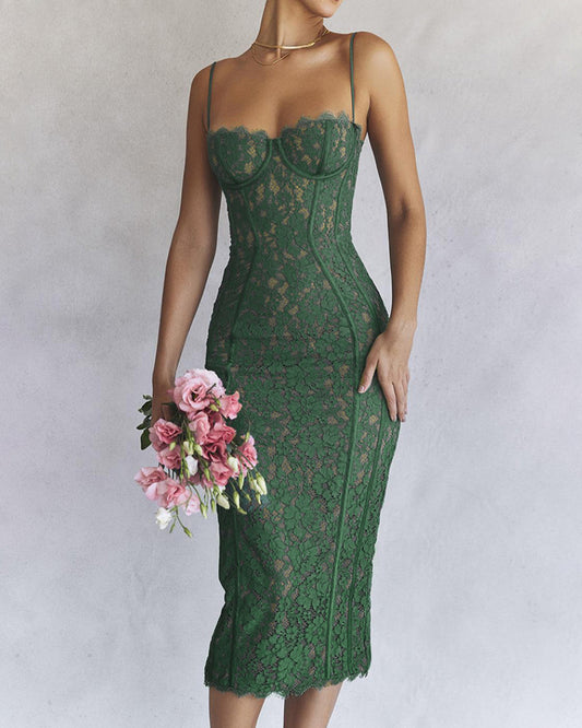Backless Lace Suspenders Floral Flower Bodycon Midi Dresses