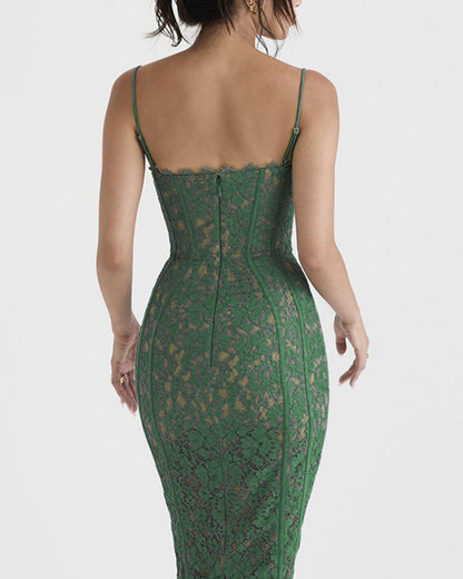 Backless Lace Suspenders Floral Flower Bodycon Midi Dresses