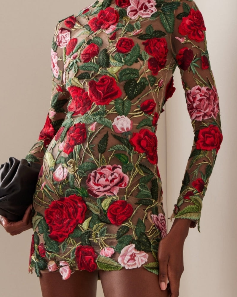 High Neckline Floral Embroidered Bodycon Mini Dresses