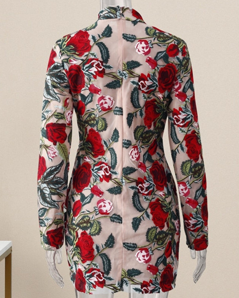 High Neckline Floral Embroidered Bodycon Mini Dresses