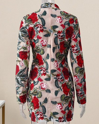High Neckline Floral Embroidered Bodycon Mini Dresses