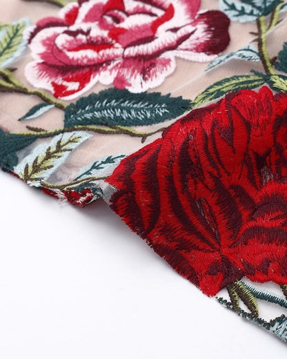 High Neckline Floral Embroidered Bodycon Mini Dresses