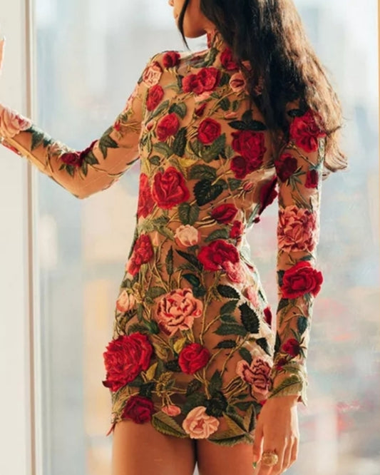 High Neckline Floral Embroidered Bodycon Mini Dresses