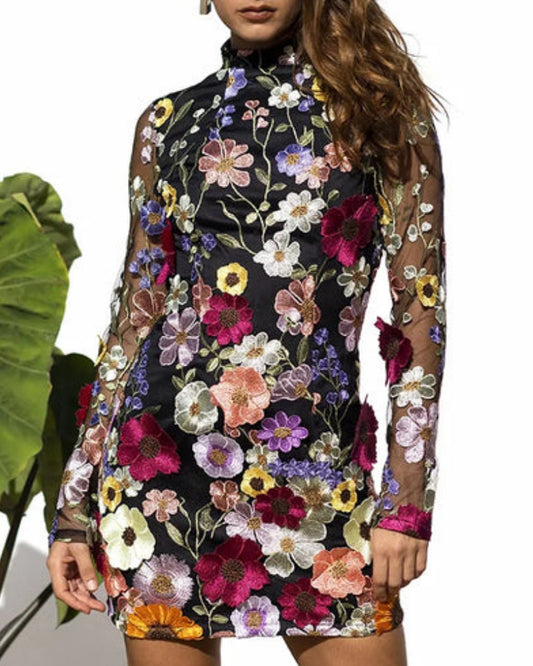 Backless High Neckline Floral Embroidered Bodycon Mini Dresses