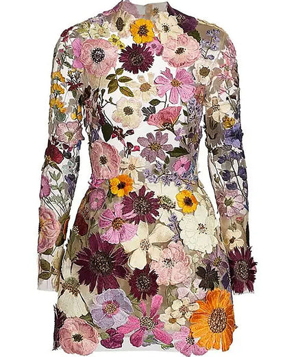 Backless High Neckline Floral Embroidered Bodycon Mini Dresses