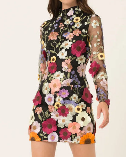 Backless High Neckline Floral Embroidered Bodycon Mini Dresses