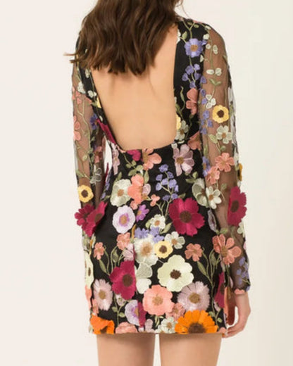 Backless High Neckline Floral Embroidered Bodycon Mini Dresses