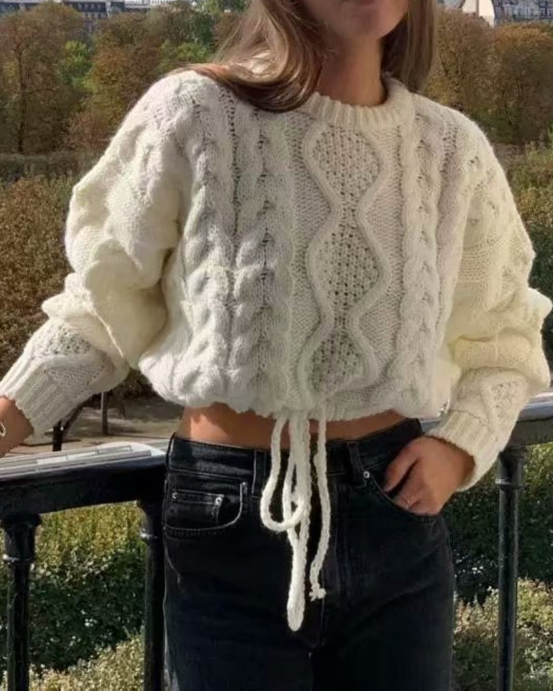 Knit Round Neck Lace-up Vintage Sweaters Crop Tops