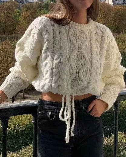 Knit Round Neck Lace-up Vintage Sweaters Crop Tops