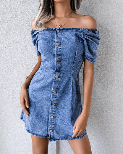 Off Shoulder Puff Bubble Sleeve Single-breasted Denim Mini Dresses