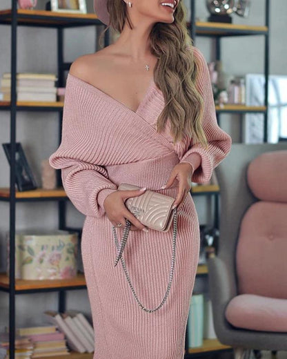 Deep V-neck Elegant Sweater and Bodycon Midi Dresses Two-piece Set