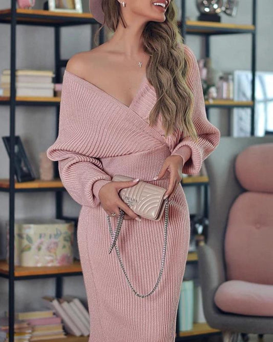 Deep V-neck Elegant Sweater and Bodycon Midi Dresses Two-piece Set