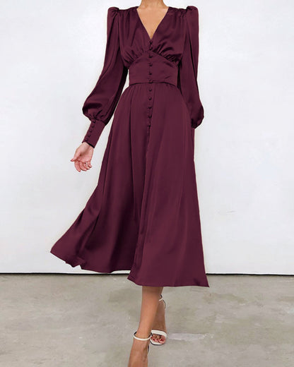 Lantern Bubble Sleeve Satin Midi Dresses