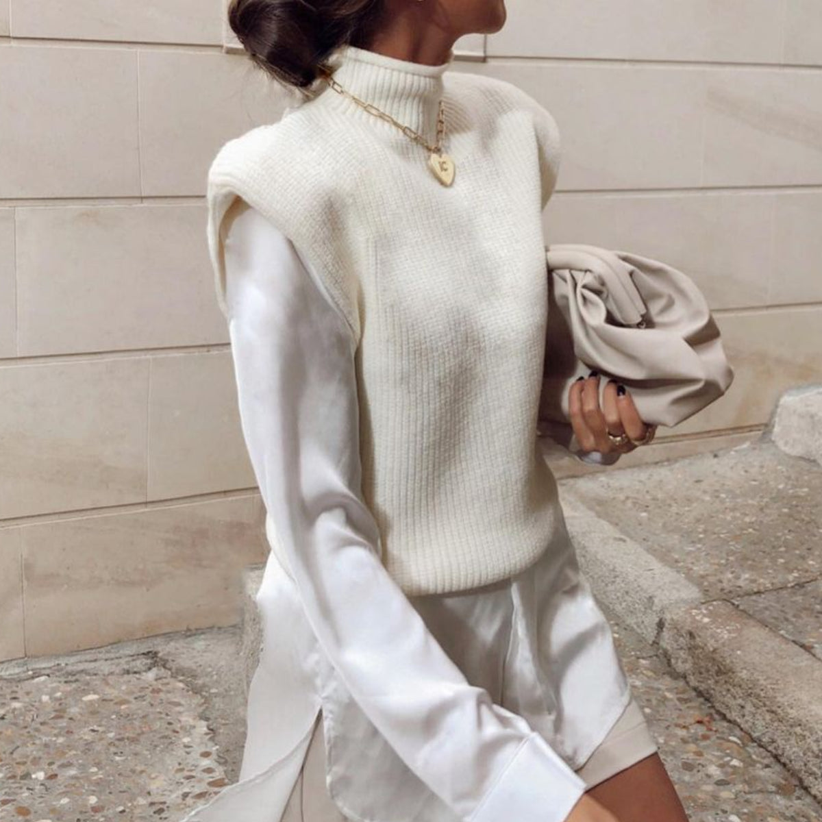 High-collared Shoulder Padded Pads Sleeveless Sweater