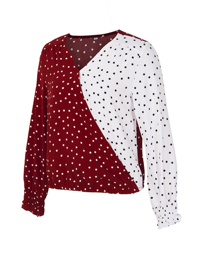 V Neck Polka Dot Splicing Bell Sleeve Shirt