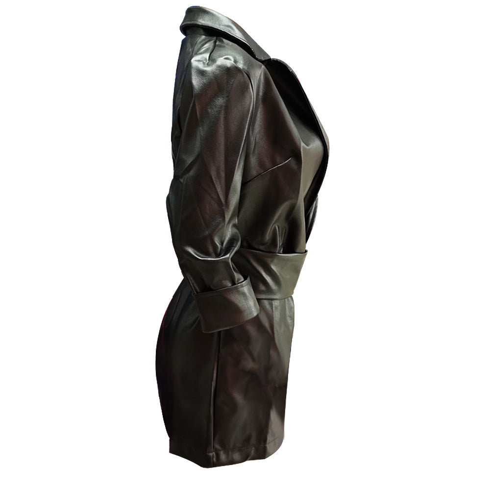 Lapel Blazer PU Belt Mini Dress Blazers Outerwear