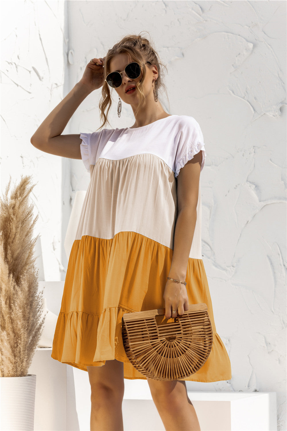 Round Neck Ruffled Hem Vacation Mini Dresses