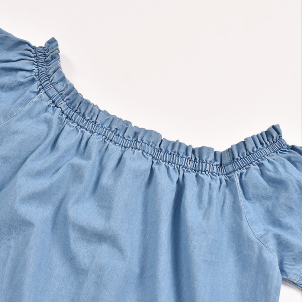 Off Shoulder Flared Sleeve Ruffled Denim Mini Dresses