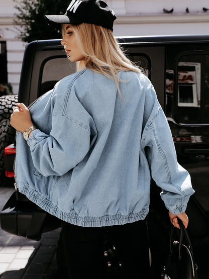 Round Collar Zipper Denim Outerwear Cardigans