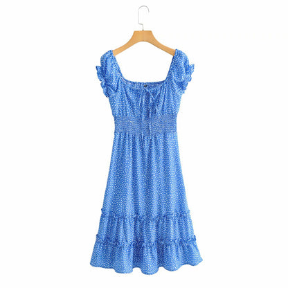 Square Collar Ruffled Lace-up Floral Midi Dresses