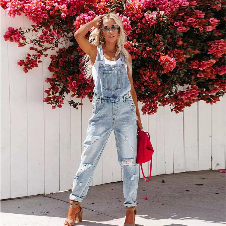 Backless Denim Pockets Strap Overalls Jumpsuits