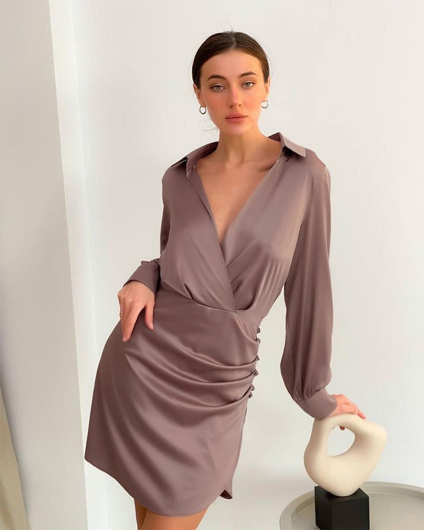 V-neck Pile Collar Satin Bodycon Mini Dresses