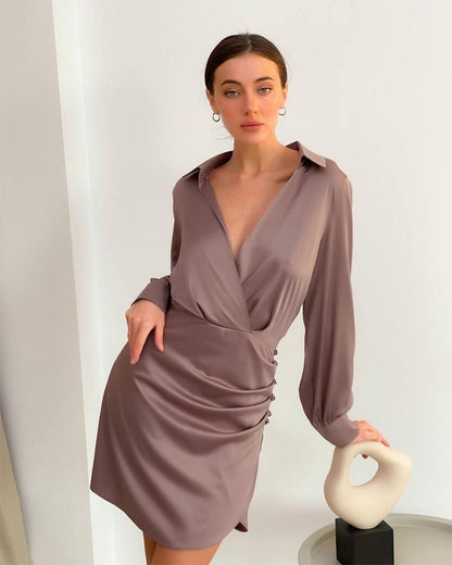 V-neck Pile Collar Satin Bodycon Mini Dresses