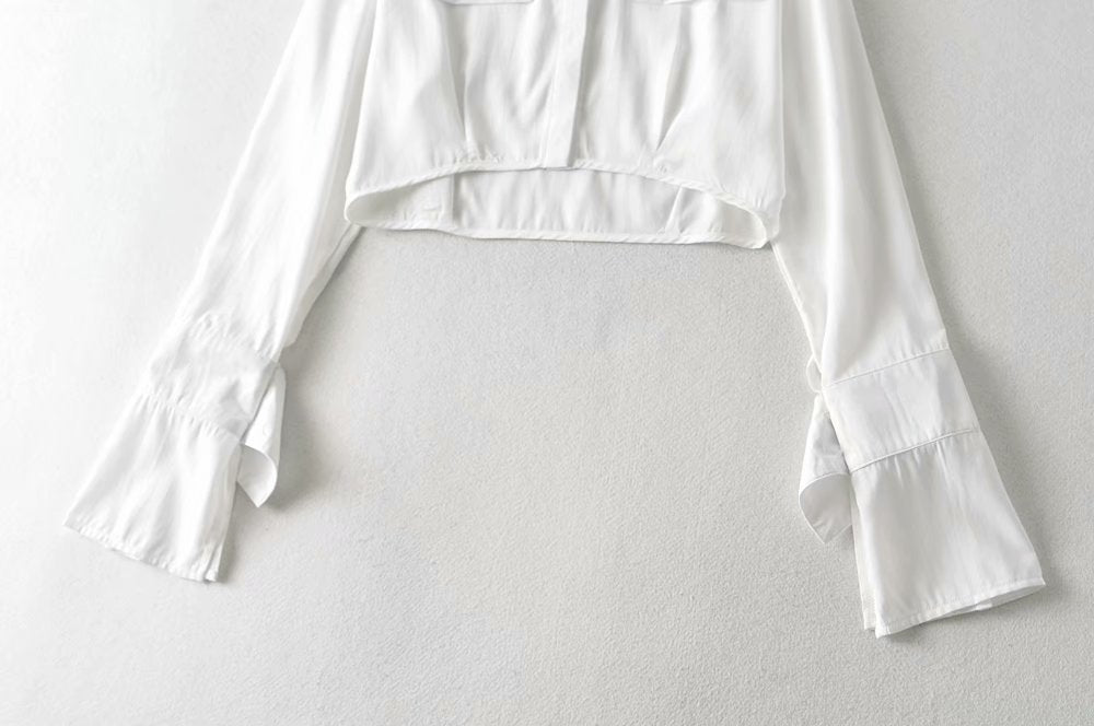 Elegant Flared Sleeve Mandarin High Collar Shirts Crop Tops