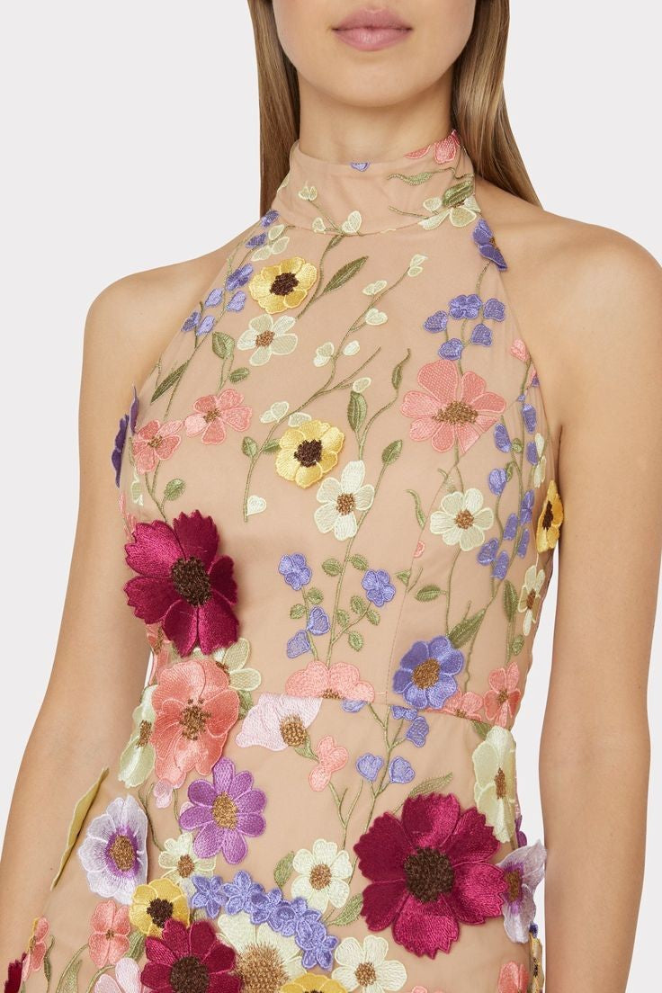 Halter Floral Embroidered Bodycon Mini Dresses