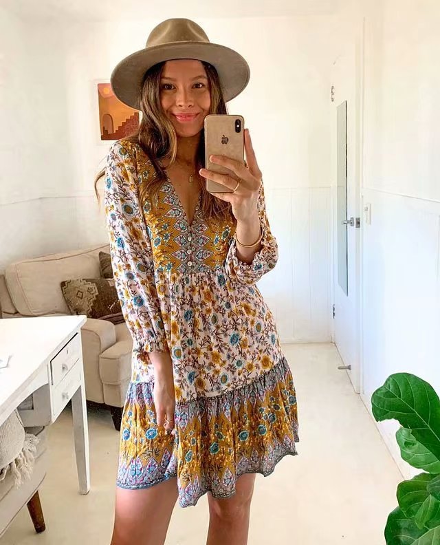 Boho Bohemia V-neck Single-breasted Ruffled Floral Mini Dresses