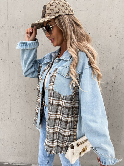 Single-breasted Pile Collar Grid Pattern Denim Outerwear Cardigans