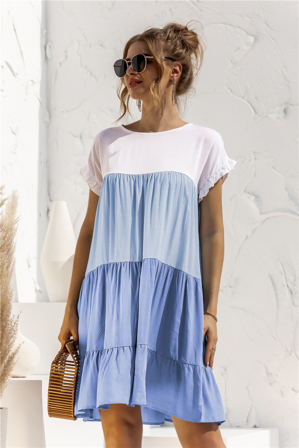 Round Neck Ruffled Hem Vacation Mini Dresses
