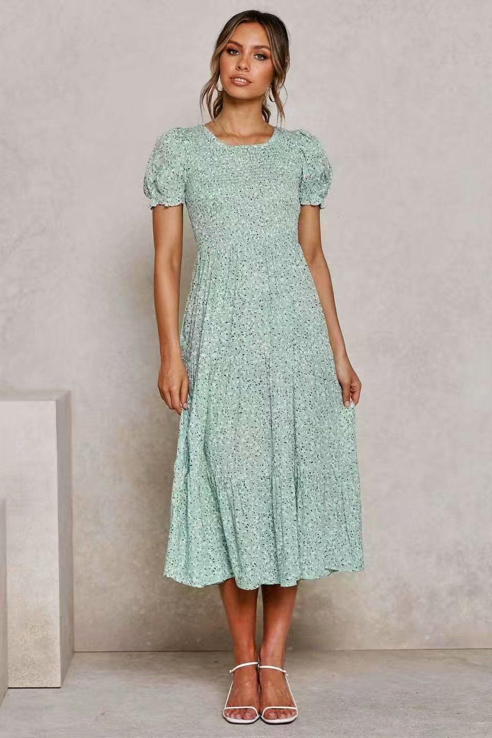 Floral Puff Sleeve Round Neck Shirred Frill Midi Dresses