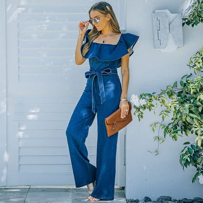 Tube Top One Shoulder Wide-leg Ruffles Denim Jumpsuit