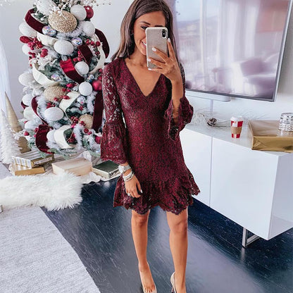 V-neck Ruffled Flared Sleeve Lace Mini Dresses
