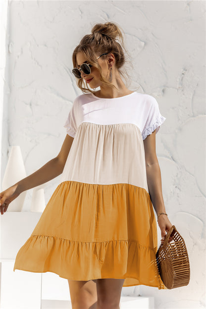 Round Neck Ruffled Hem Vacation Mini Dresses