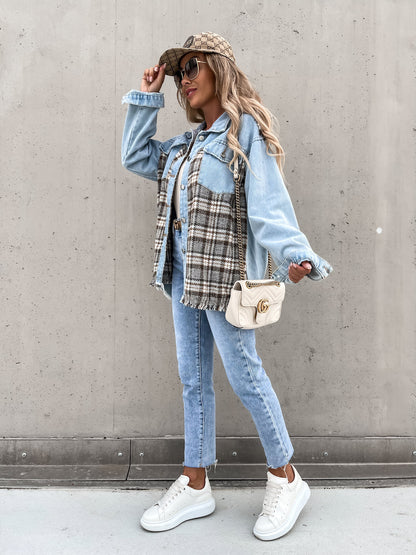 Single-breasted Pile Collar Grid Pattern Denim Outerwear Cardigans