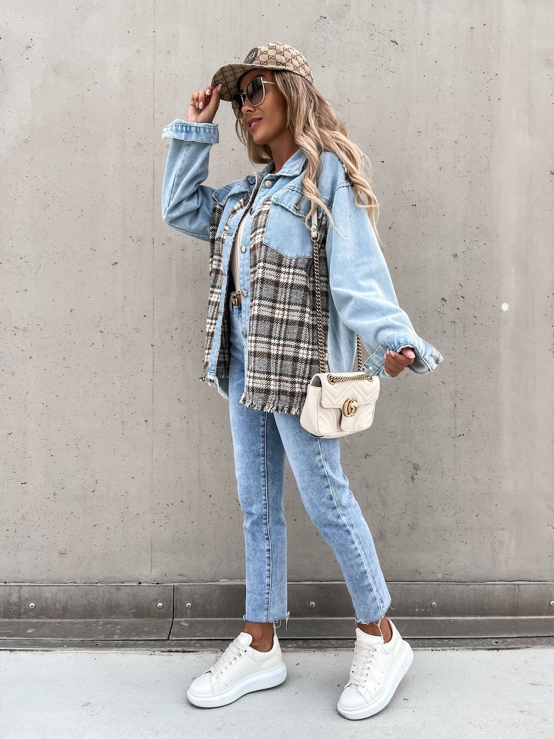 Single-breasted Pile Collar Grid Pattern Denim Outerwear Cardigans