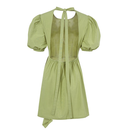 Lantern Bubbles Sleeve Ruffles Hem Backless Party Mini Dresses
