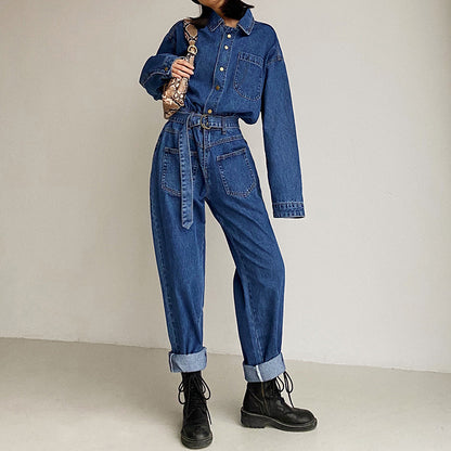 Pile Collar Lace-up Single-breasted Denim Jumpsuits
