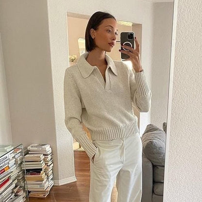 V-neck Knit Pile Collar Polo Sweaters Top