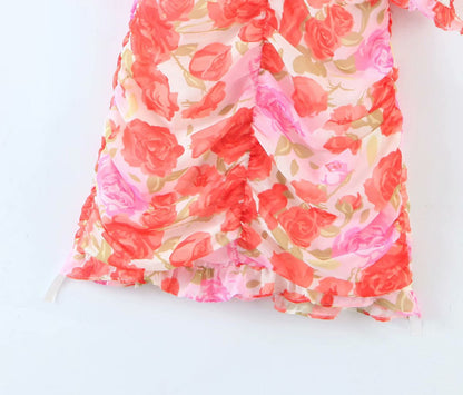 Party V-neck Pleated Ruffled Floral Bodycon Mini Dresses