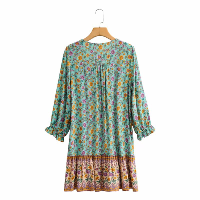Boho Bohemia V-neck Single-breasted Ruffled Floral Mini Dresses